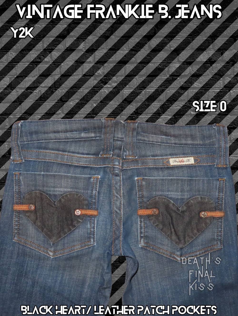 Y2K 🖤 HTF Frankie B. Ultra Low Rise Jeans Black Heart Leather Patched Pockets 0 - Picture 8 of 11